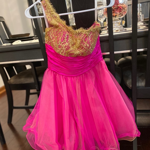 pink and gold cocktail dress